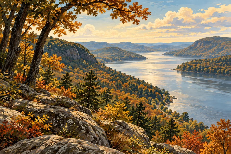 Illustration: Hudson River from a wooded bluff