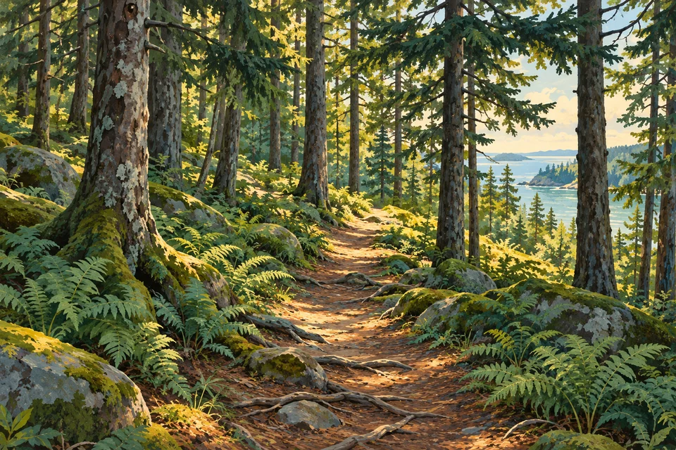 Illustration: Monhegan-inspired woodland path