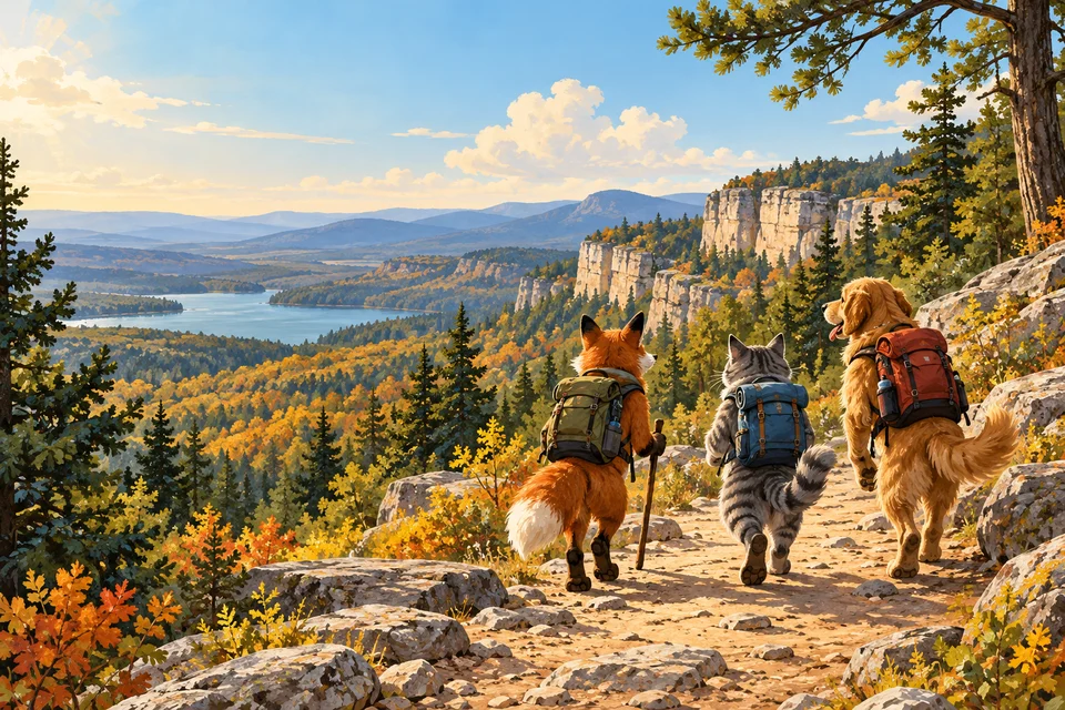 Illustration: Cartoon hiking companions on a woodland path