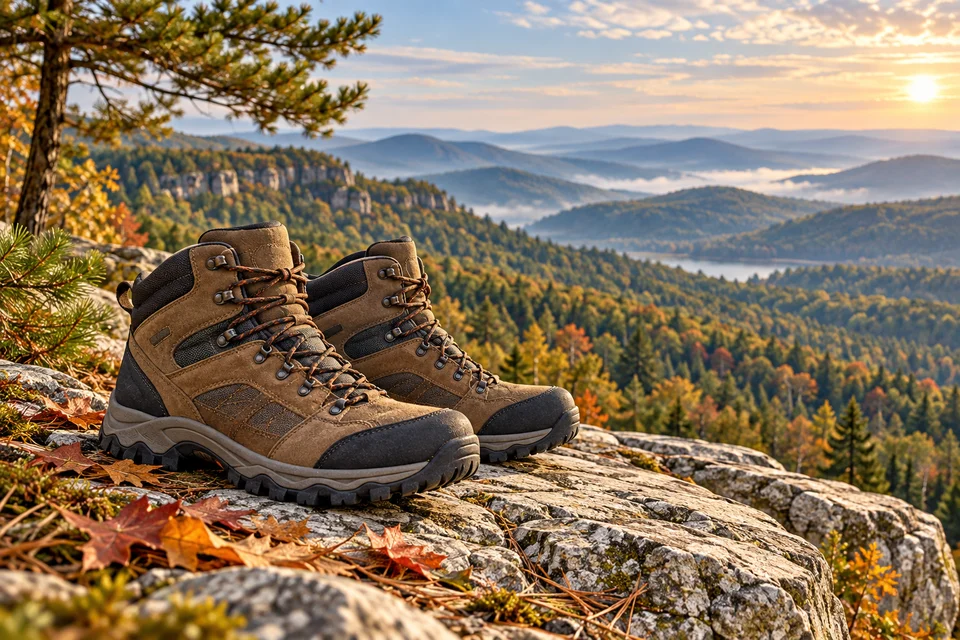 Illustration: Generic hiking boots on a Shawangunk-inspired rock ledge with wooded ridges.